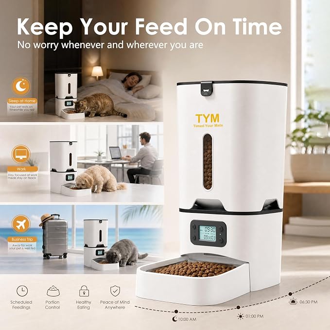 TYM Automatic Cat Feeder, 7L Large Capacity Cat Food Dispenser with Programmable Timer, Portion Control up to 9 Meals/Day, Dual Power Supply, Fresh Food, Easy to Clean for Cats and Small Dogs