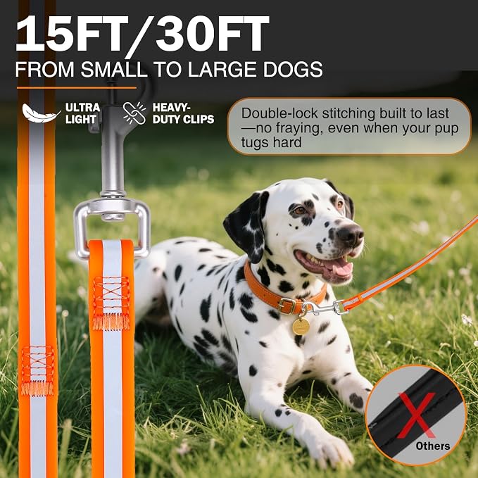 Waterproof Long Dog Leash 30FT, Heavy Duty Recall Training Lead with Non-Slip Padded Handle&Reflective Threads, Durable Long Line for Large Medium Dogs, Outdoor Hiking Camping Beach Swimming