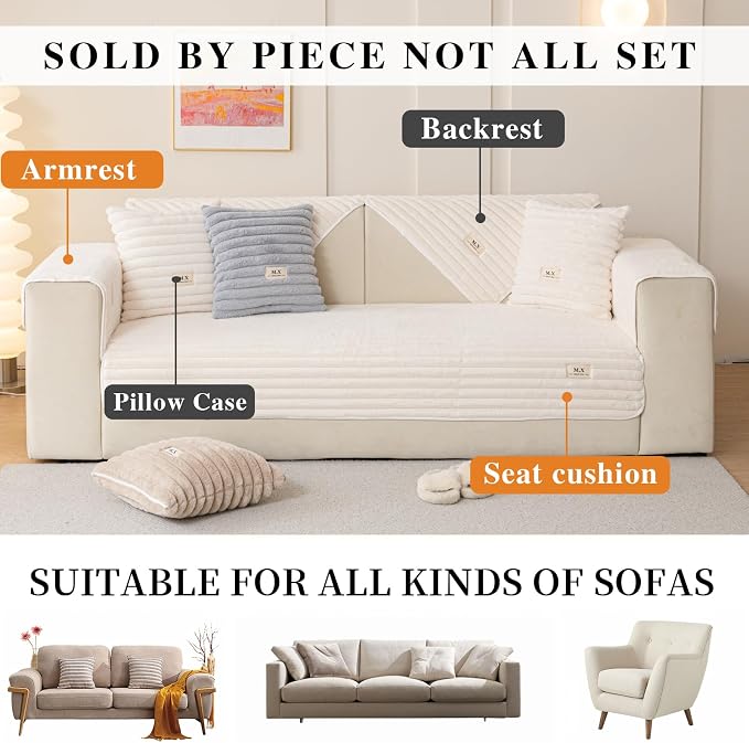 Plush Warm Sofa Covers Washable, Sectional Couch Covers for Single Seater Pet Friendly, Funny Fuzzy Couchs Cover for Dogs, Non-slip Dog Couch Cover Protector(1PC, Beige White, 35.4"×35.4")