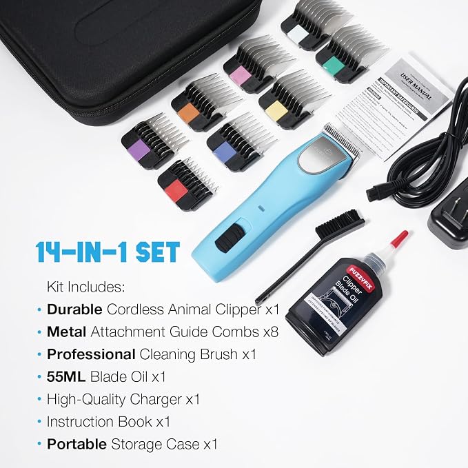 Professional Dog Clippers for Grooming - 2 Speed for Thick Curly Matted Coats, Low Noise Cordless Pet Hair Trimmer with Detachable A5 Blade & Metal Guide Combs Kit for Horse Animal Breeds