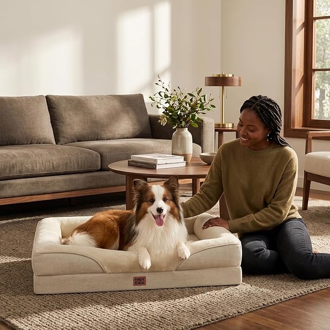 EHEYCIGA Orthopedic Dog Bed for Medium Dog, 35x22 Inch Memory Foam Dog Couch Bed with Sides, Waterproof Liner & Washable Removable Cover, Bolster Pet Sofa, Beige