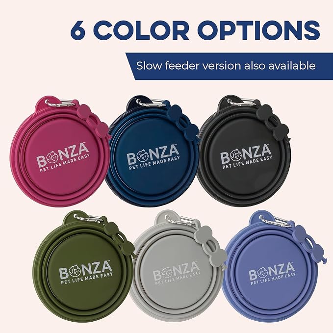 Bonza Collapsible Dog Bowls - Small 12 oz, Dog Travel Accessories, Silicone Portable Dogs Bowl & Water Dish with Reinforced Rim & Carabiner for Hiking, Camping, and Car Trips, Black