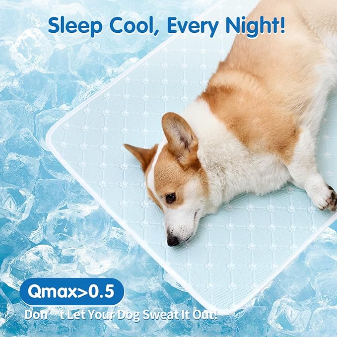 Pet Cooling Mat Scratch Resistant QMAX>0.5 Instant 6-12°F Drop, No Water or Electricity Needed Self Cooling Crate Mat for Bed, Floor, Car Travel Indoor Outdoor Summer Use Light Blue 36" x 24"