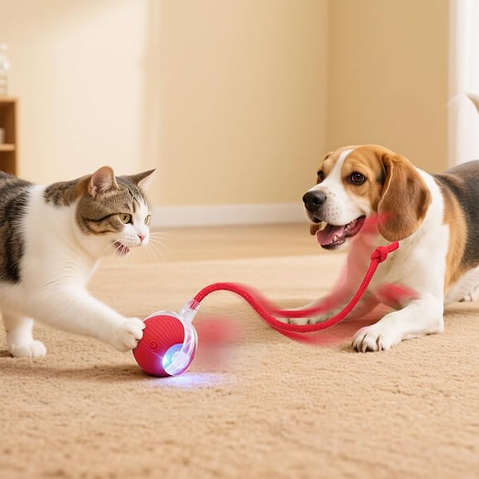 Smart Interactive Automatic Electric Rolling Moving Rechargeable Motion Activated Self Solo Play Electronic Stimulation Chase Teaser Ball Toy with Rope for Indoor Bored Adult Cat and Dog, Yellow