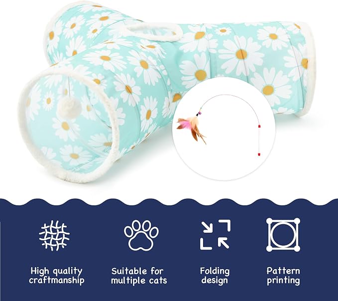 Tempcore Cat Tunnel for Indoor Cats, 3 Way Collapsible Pet Play Tunnel with Teaser Wand, Peek Holes & Hanging Ball, Interactive Tube for Kittens & Rabbits, Daisy Blue Printed