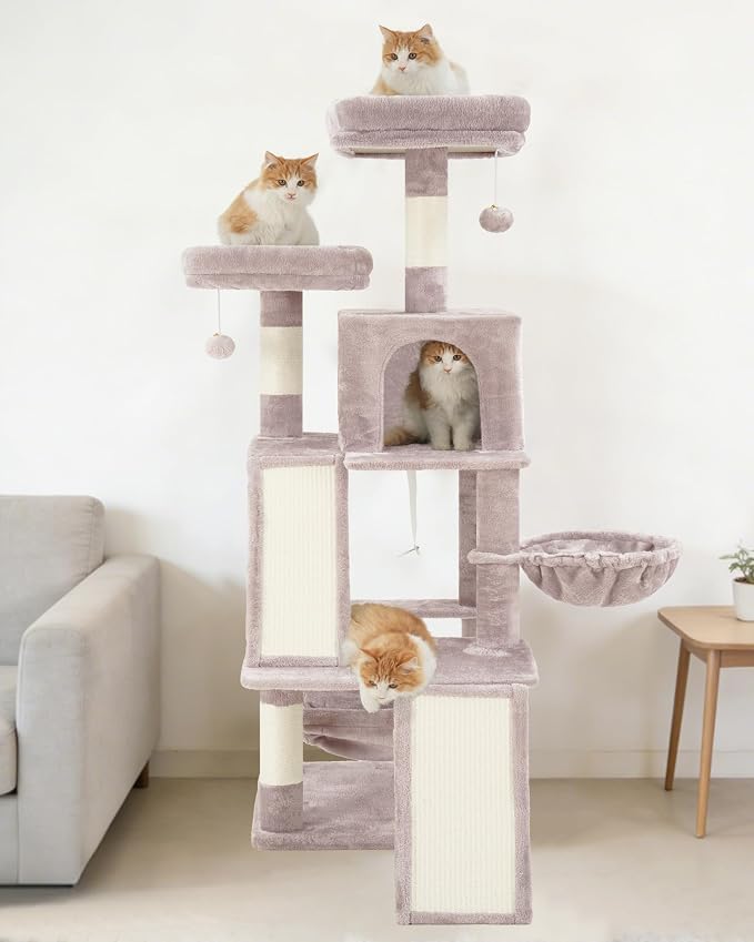Gitelsnour Multi-Level Cat Tree for Indoor Cats, Cat Tower with 2 Scratching Boards, 2 Plush Padding Platforms, Cat Condo House with Hammock, Basket, Muchroom GCT022MU