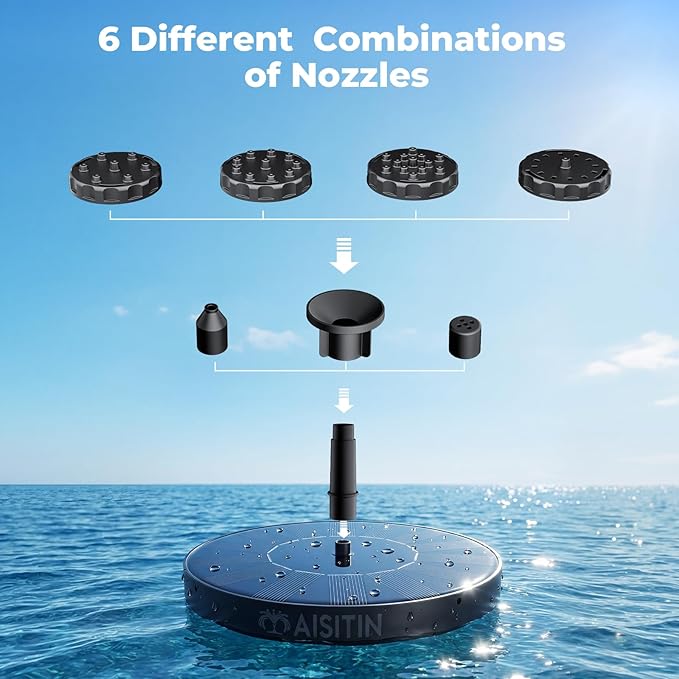 AISITIN Solar Bird Bath Fountain with 6 Nozzles, Solar Powered Floating Water Fountain Pump for Bird Bath, Pond, Pool, Garden, Fish Tank and Outdoor