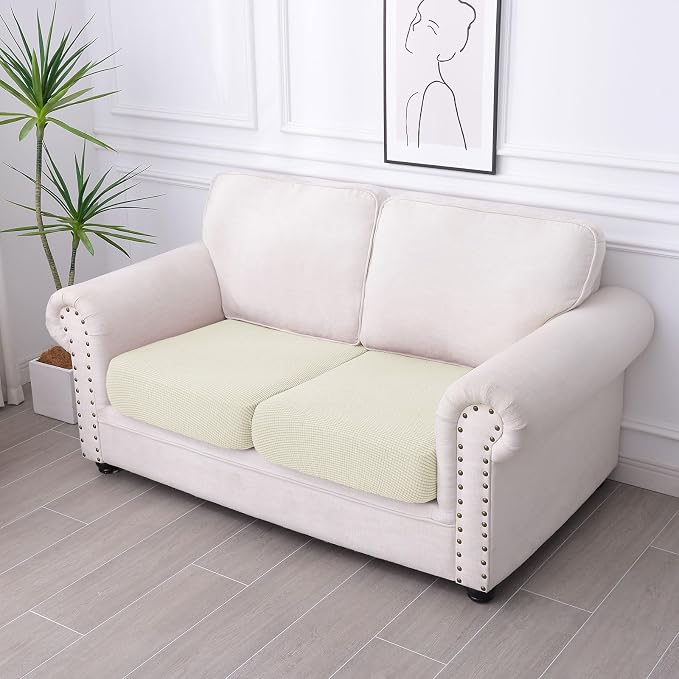 hyha Waterproof Couch Cushion Covers for Pets, Non Slip Sofa Cover for Dogs Washable, Soft Thick Stretch Jacquard Fabric, Sofa Slipcovers with Elastic Bottom (2 Pieces, Cream White)