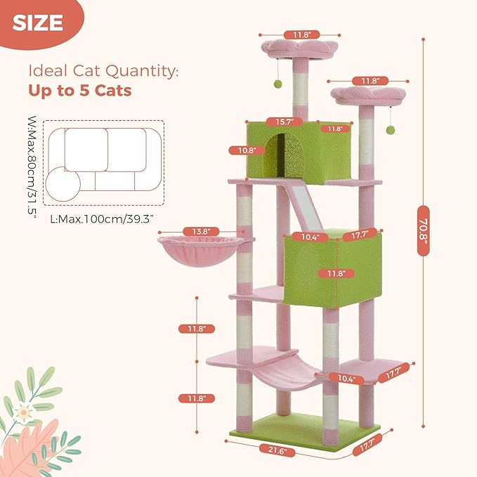 MUTTROS Flower Cat Tree Tall 70.8" for Adult Indoor Cats, 8-Levels Large Cat Tower with 8 Sisal Posts, 2 Hammocks, 2 Condos, Big Perch & 3 Pom Poms for Multi-Cats Household – Carpet Pink