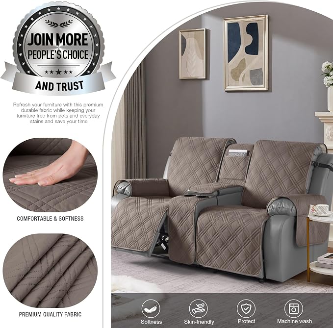 TAOCOCO Waterproof Loveseat Recliner Cover with Console, Non-Slip Reclining Loveseat with Console Cover with Pocket, Split Recliner Sofa Covers Furniture Protector for Pets Dogs(2 Seater, Taupe)