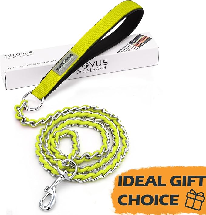 Chain Dog Leash Chew Proof Metal Leash for Medium Large Dogs, Chain Link Dog Anti Chew 5.2FT / 4FT Strong Anti Bite Comfortable Soft Padded Handle (Yellow, 4FT(80-150lb))