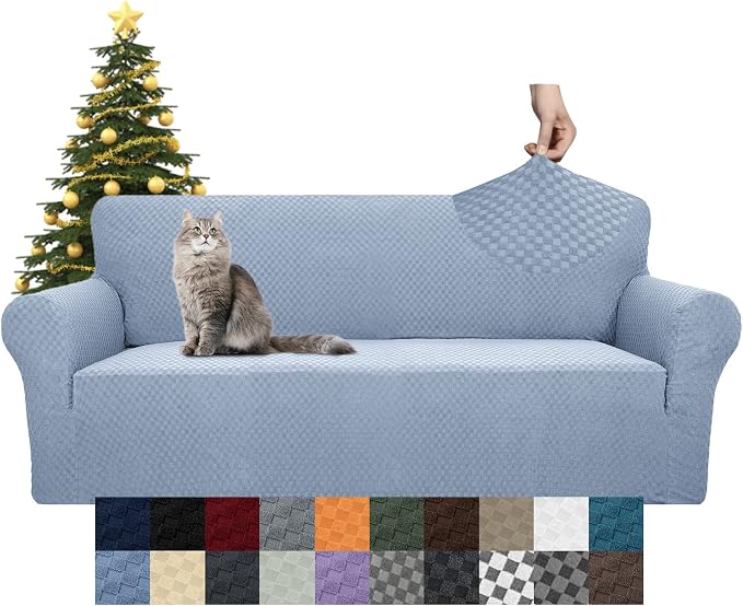 YEMYHOM Couch Cover Latest Jacquard Design High Stretch Sofa Covers for 3 Cushion Couch, Pet Dog Cat Proof Slipcover Non Slip Magic Elastic Furniture Protector (Large, Light Blue)