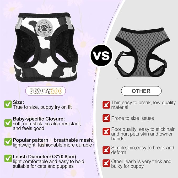 BEAUTYZOO Small Dog Harness and Leash Set, Cow Print Step in Dog Harness No Pull No Choke Puppy Harness Reflective for XXS XS S Dogs Cats, Soft Padded Mesh Vest Harnesses Girl and Boy Pets
