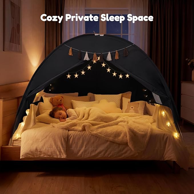 Gorich Twin Bed Tent for Kids, Indoor Privacy Toddler Sleeping Canopy with Mesh Window, Fits Bunk or Floor Bed, Include Star Lights & Tassels, Cozy Playhouse for Boys Girls Birthday
