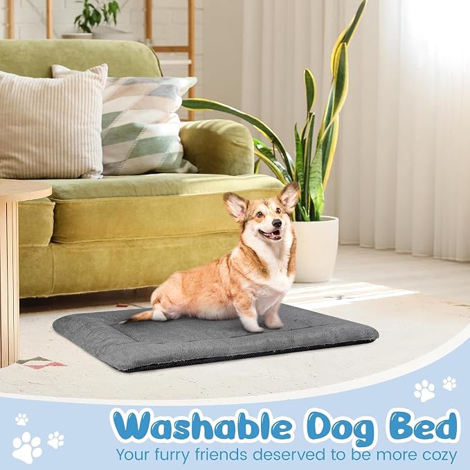 Dog Crate Pad Washable, Plush 24 x 18 Inch Anti-Slip Kennel Mat for Small Dogs, Puppies & Cats, Fits Wire or Metal Crates, Dark Grey