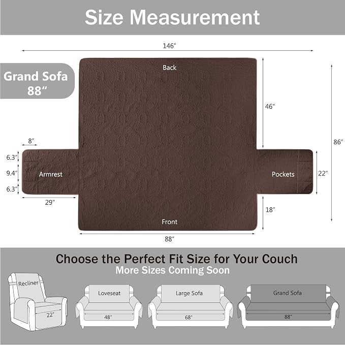 Quilted Grand Sofa Covers Washable, Couch Cover for Large Sofa, Soft Cozy Couch Protector for 4 Cushion Couch, Oversized Grand Sofa Slipcovers Water-Repellent (Grand Sofa 88", Chocolate)
