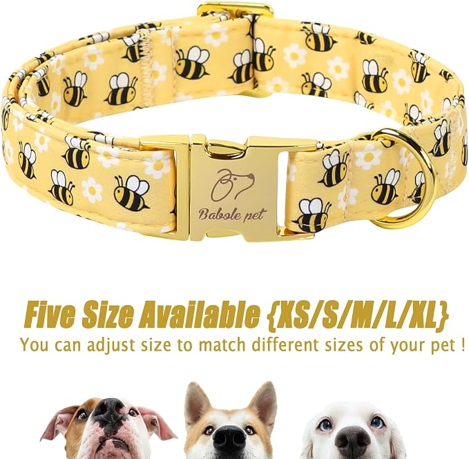 Yellow Bee Dog Collar, Cute Spring/Summer Cartoon Boy Girl Dog Collars, Adjustable Heavy Duty Male Female Dogs Collar for Small Medium Large Dogs with Metal Buckle M