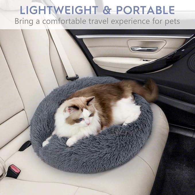 rabbitgoo Dog Bed for Small, 24 inches Machine Washable, Fluffy Donut Pet Bed Anti-Slip, Calming Soft Plush Round Cushion, Fits up to 18 lbs Pets, Dark Grey