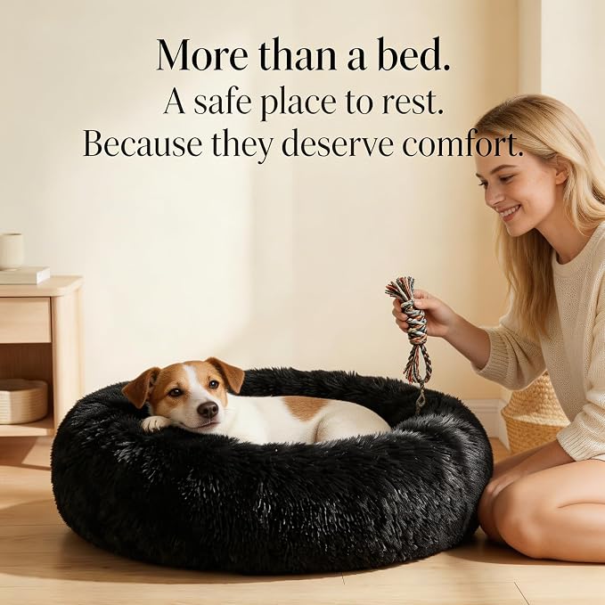 Calming Donut Dogs Beds for Small Dogs Washable,28inch Plush Round Pet Bed for Cozy Sleep,Fluffy Faux Fur Large Cat Bed,Fits up to 30 lbs Pets,Black