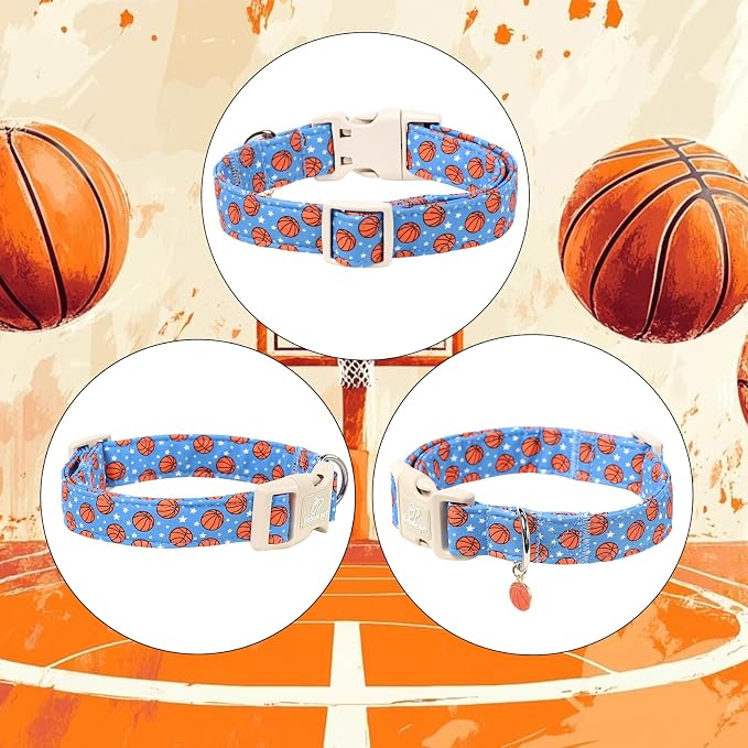 Basketball Dog Collar, Cute Boy Dog Collars for Medium Dogs - Blue Sports Themed Cotton Male Dogs Collar, Soft Adjustable Daily Pet Collars with Quick Release Buckle M