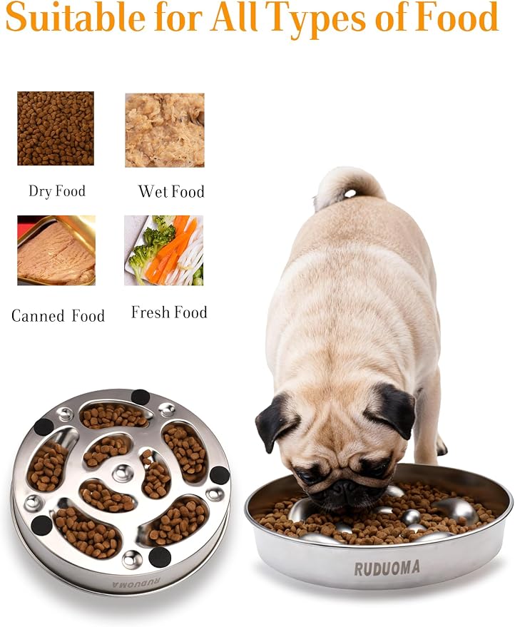 Stainless Steel Dog Bowls for Flat-Faced Brachycephalic Breeds,Gentle Slow Feeding Design,Moderately Slow Down Eating Pace,Non-Slip,2.5 Cups Capacity Metal Bowl for Medium Dogs
