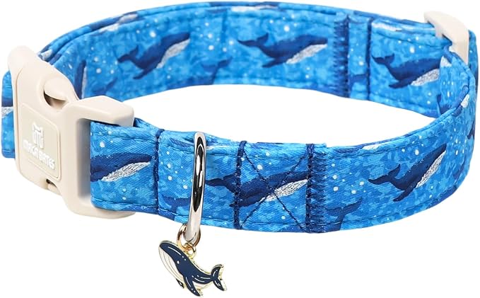 Maca Bates Summer Beach Dog Collar with Whale Charm for Large Girl Boy Dogs,Blue Ocean Whale Pattern,Adjustable Durable Soft Comfortable Nautical Dog Collar for Male Female Puppy