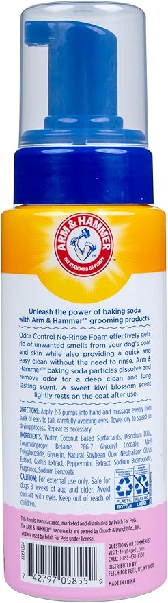 Arm & Hammer for Pets Odor Control No-Rinse Foam Dogs Kiwi Blossom Scent Waterless Baking Soda Deodorizer pH Balanced 8 FL OZ Sulfate-Free