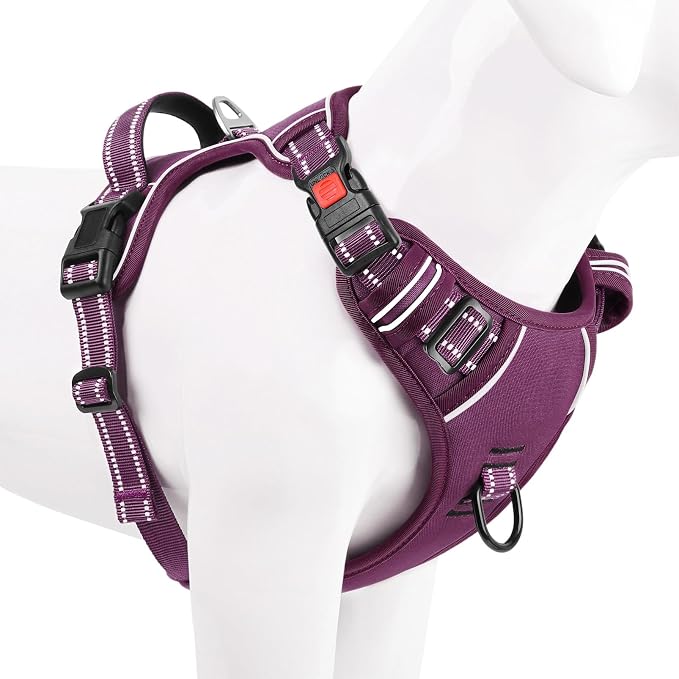 Timos Dog Harness Small Sized, No Pull Pet Harness with Neck Lockable Snap, No Choke Front Clip Reflective Vest, Adjustable Metal Rings 3 Buckles, Easy Control Handle for Small Dogs Grape Purple S