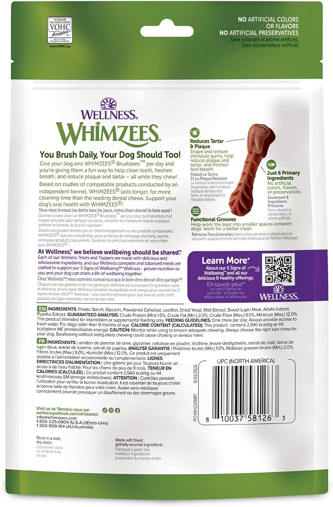 Wellness WHIMZEES Brushzees Natural Dog Dental Treat, VOHC Accepted Chews, Freshens Breath, Small Size, 4.2 oz Bag, 8 Count