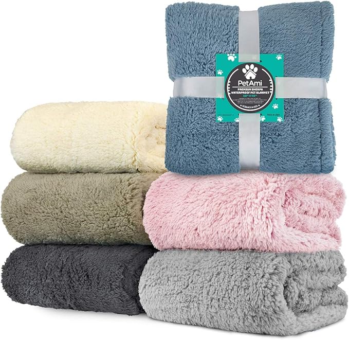 PetAmi Fluffy Waterproof Dog Blanket for Couch and Bed, Reversible Sherpa Pet Throw, Pee Proof Furniture Protector Sofa Cover, Washable Cat Blanket for Medium Large Dogs and Cats (Dusty Blue, 60x80)