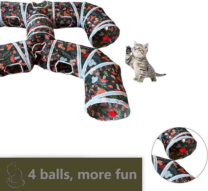 Foldable H-Shaped Cat Tunnel Toy with Interactive Playing Balls - 4 Exits for Cats, Kittens, Rabbits & Small Pets Collapsible Play Tube for Indoor Fun & Exercise