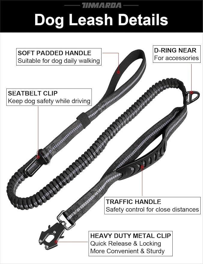 Heavy Duty Dog Leash, 4-6FT Shock Absorbing Dog Leashes with Traffic Handle and Comfortable Padded Handles, Advanced Easy Metal Clip, No Pull Reflective Leash for Medium Large Dogs that Pull (Black)