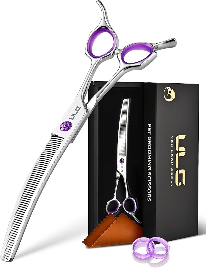 ULG 7.5” Dog Grooming Thinning Shears – 30° Curved Pet Thinning Scissors, Japanese 440C Stainless Steel, 60 V-Shaped Teeth, 25% Thinning Rate, Reversible Butterfly Handles, for Face, Nose, Eyes & Coat