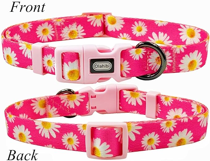 Dog Collar and Leash Set, Cute Pink Daisy Pattern, Polyester Material, 5ft Leash, for Small Dogs.(S, Daisy Set)