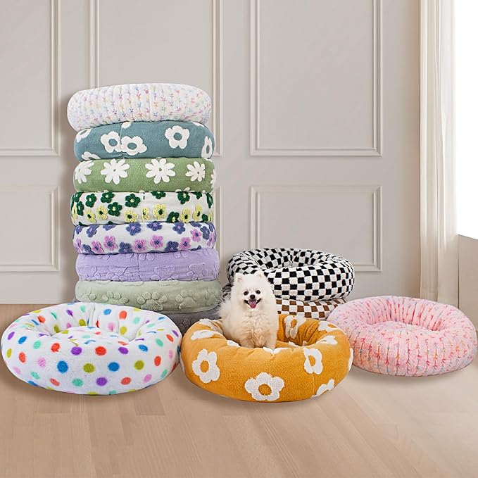 31 Inch Calming Dog Bed for Medium Dogs, Round Anti-Anxiety Warm Bed, Soft Cozy Anti-Slip Donut Washable Pet Bed, Fits up to 50 lbs Pets