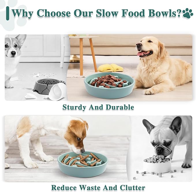 Ceramic Slow Feeder Dog Bowls, 1.5 Cups Dog Food Dish for Medium and Large Breed, Puzzle Dog Food Bowl for Fast Eater, 28OZ, 8.15 inch(Light Green)