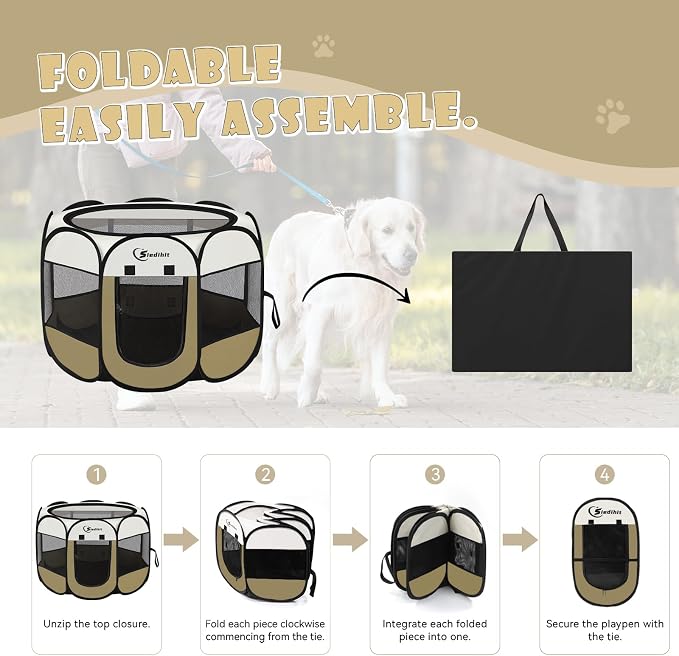 Siedihit Dog Cat Playpen, Medium Puppy Pet Playpen, Dog Crate Tent Cage Indoor/Outdoor, Portable Pop Up Dogs Kennel Playpen with Carrying Case for Dogs/Cats/Rabbits (Khaki,Medium)