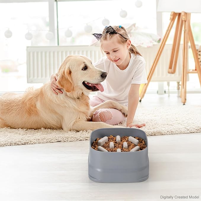 Sunhoo Slow Feeder Dog Bowls Large Breed Puppy Puzzle Feeding Dish Maze Feed Bowl Small Medium Dogs Plate Adjustable Ridges to Slower Down Eating Anti-slip Easy to Clean Indoor Use 7.5*7.5*4 in(Grey)