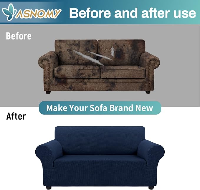Asnomy Sofa Covers for 2 Cushion Couch Stretch loveseat Covers Slipcovers, Pet Protector Furniture Covers for Dogs Cats Spandex Jacquard Fabric Small Checks (Medium, Navy Blue)
