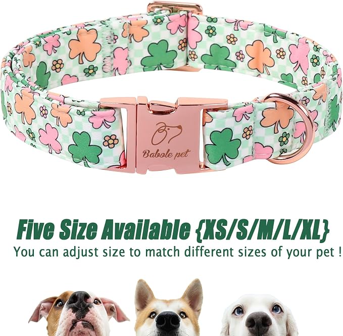 St. Patrick's Day Dog Collar for Medium Dogs - Lucky Clover Pastel Dog Collars, Irish Spring Shamrock Pet Collars, Adjustable Heavy Duty Dogs Collar with Metal Buckle M