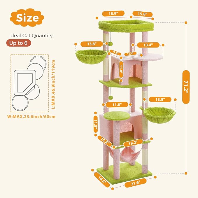 MUTTROS 71.2" Large Cat Tree for Multi-Cat Households - Heavy-Duty 9-Level Cat Tower w/5 Sisal Scratching Posts, 2 Condos, 3 Hammocks, Extra-Large Perch & Pompoms - Space-Saving, Pink