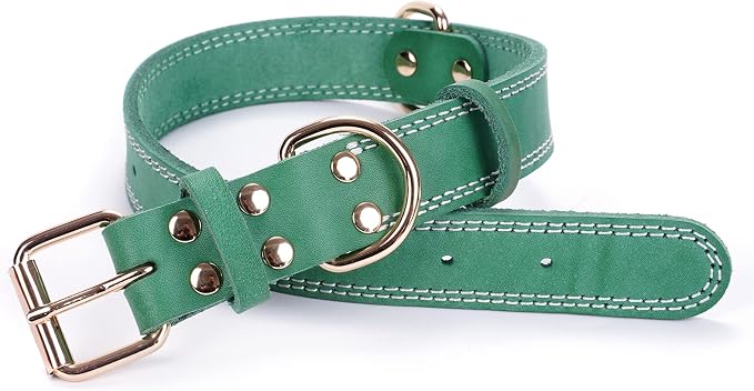 Leather Dog Collar, Heavy Duty, Wide, Genuine, for Medium & Large Dogs, Dual Stitch - Green