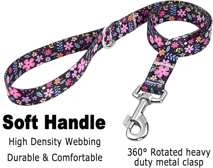 Mihqy Dog Collar and Leash Set with Bohemia Floral Tribal Geometric Patterns - Soft Ethnic Style Collar Adjustable for Small Medium Large Dogs(Floral Set,L)