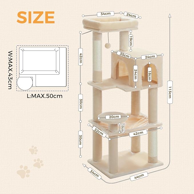 MUTTROS Cat Tree for Indoor Cats, 44.5" Multi-Level Cat Tower with Large Metal Frame Hammock, Cat Condo with 2 Scratching Posts and Top Perch for Small to Medium Cats, Beige