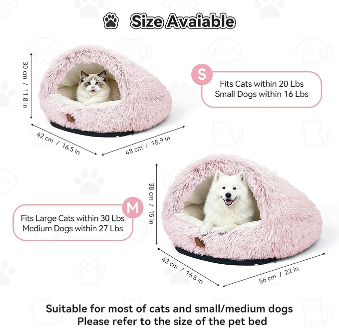 YooxArmor Washable Dog Bed, Windproof Round Hooded Cat Bed Cave for Small Medium Pets, Self Warming Anti-Anxiety House with Fluffy Cover (Pink-M)