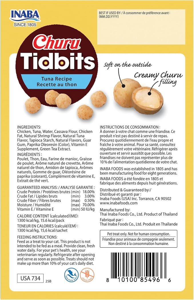 INABA Churu Tidbits for Cats, Soft & Chewy Churu Filled, Baked Chicken Cat Treats with Taurine & Green Tea Extract, 0.42oz per Pack, 8 Packs Total, Tuna Recipe