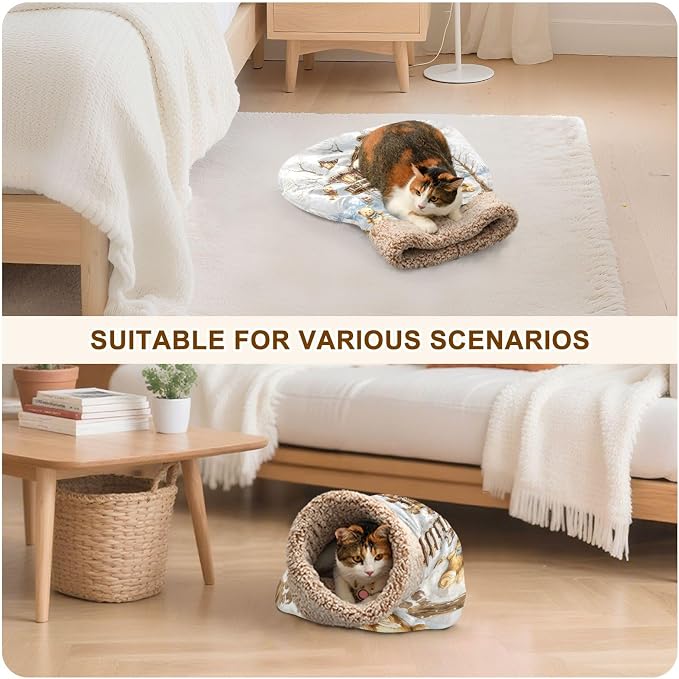 Upgraded Self-Heating Cat Sleeping Bag, 360° Cozy Plush Snuggle Cave for Indoor Cats & Small Dogs, Semi-Enclosed Anxiety Relief Bed with Fleece Lining (19’’x23’’, Christmas Snow Treehouse)