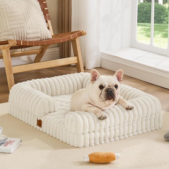 ChiXnuggle Rectangular Orthopedic Dog Bed for Medium Dogs, Waterproof Washable Faux Rabbit Fur Dog Couch with Egg Crate Foam Support, Bolster Pet Sofa with Non-Slip Bottom, 30x24x7, Cream