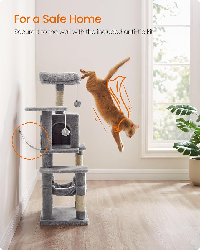Feandrea Cat Tree, 44.1-Inch Cat Tower, Plush Multi-Level Condo with 4 Scratching Posts, 2 Perches, Hammock, Cave, Light Gray UPCT261W01