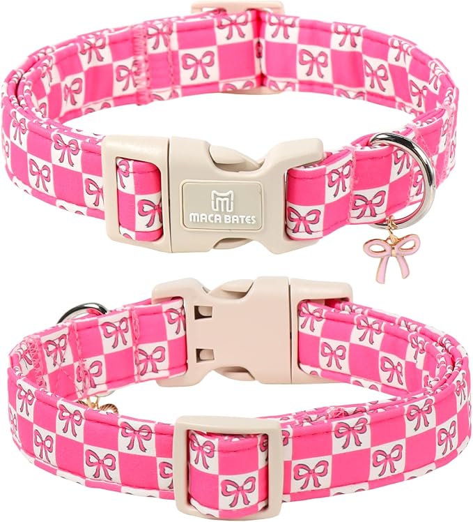 Maca Bates Pink Basic Dog Collar with Sailor Bow Charm for Extra Large Girl Dogs, Girly Cute Checkered Bowtie Pattern,Feminine Style,Adjustable Durable Soft Collars Birthday Gift for Female Puppy